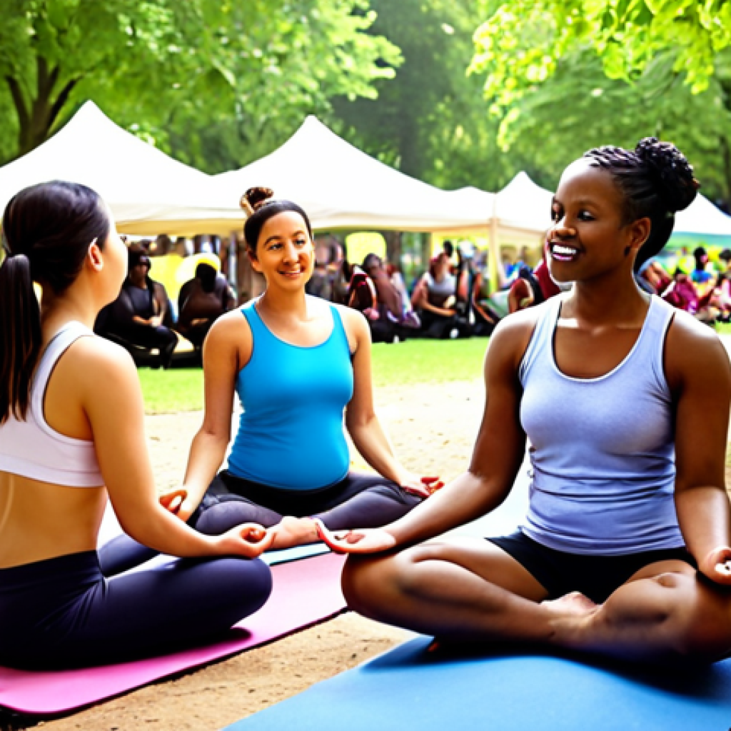 **

A diverse group of people participating in a community event in a vibrant park. Some are doing yoga, others are chatting near a cafe, and children are playing games. The overall atmosphere is positive and promotes well-being, with emphasis on social connection and healthy activities. Soft, natural lighting.

**