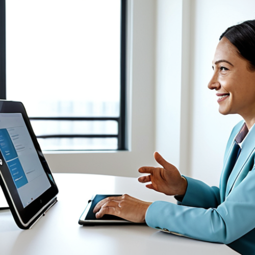 A professional female well-being coordinator, an adult in modest business attire, is engaged in a supportive conversation with an adult male client, also in appropriate professional dress. They are seated at a modern desk in a brightly lit, calm consultation room. On a sleek digital tablet between them, a clean user interface displays personalized health data and AI-generated wellness recommendations. The scene emphasizes collaboration, personalized care, and innovation. Perfect anatomy, correct proportions, well-formed hands, proper finger count, natural body proportions, natural pose, safe for work, appropriate content, fully clothed, professional, modest clothing, high quality professional photography, soft focus, natural light.