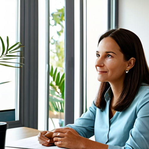 A female wellness coordinator in a professional yet approachable business casual outfit, sitting across a table from a female client. Both are fully clothed in modest, professional attire. The setting is a clean, well-lit modern counseling office with calming, muted tones and natural light streaming through a window. Subtle plants and art decorate the walls in the background. The wellness coordinator is leaning forward slightly, listening intently with an empathetic and warm expression, making gentle eye contact. The client is relaxed, expressing herself openly. Professional photography, high resolution, realistic, inviting atmosphere, perfect anatomy, correct proportions, natural pose, well-formed hands, proper finger count, natural body proportions, safe for work, appropriate content, family-friendly.
