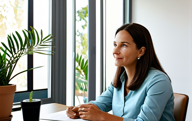 A female wellness coordinator in a professional yet approachable business casual outfit, sitting across a table from a female client. Both are fully clothed in modest, professional attire. The setting is a clean, well-lit modern counseling office with calming, muted tones and natural light streaming through a window. Subtle plants and art decorate the walls in the background. The wellness coordinator is leaning forward slightly, listening intently with an empathetic and warm expression, making gentle eye contact. The client is relaxed, expressing herself openly. Professional photography, high resolution, realistic, inviting atmosphere, perfect anatomy, correct proportions, natural pose, well-formed hands, proper finger count, natural body proportions, safe for work, appropriate content, family-friendly.