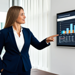 A professional female wellness coordinator, fully clothed in a modest business suit, confidently presenting a detailed data analysis on employee wellness program success in a modern corporate boardroom. She is pointing to a large digital screen displaying charts and graphs showing positive outcomes like reduced absenteeism and improved engagement. The atmosphere is professional and collaborative. Perfect anatomy, correct proportions, natural pose, well-formed hands, proper finger count. Professional photography, high quality, safe for work, appropriate content, fully clothed, family-friendly.