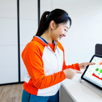 **

A cheerful woman in her 30s, wearing comfortable sportswear, is meeting with a Wellness Coordinator in a bright, modern office. The coordinator is explaining data from a wearable device, pointing at a tablet displaying sleep analysis and activity levels. The background includes healthy food options and motivational posters in Japanese. The overall feel is supportive and encouraging, emphasizing data-driven health management and a personalized approach. Safe for work, appropriate content, fully clothed, professional setting, perfect anatomy, natural proportions, high quality.

**