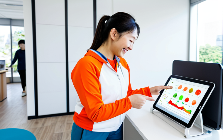 **

A cheerful woman in her 30s, wearing comfortable sportswear, is meeting with a Wellness Coordinator in a bright, modern office. The coordinator is explaining data from a wearable device, pointing at a tablet displaying sleep analysis and activity levels. The background includes healthy food options and motivational posters in Japanese. The overall feel is supportive and encouraging, emphasizing data-driven health management and a personalized approach. Safe for work, appropriate content, fully clothed, professional setting, perfect anatomy, natural proportions, high quality.

**