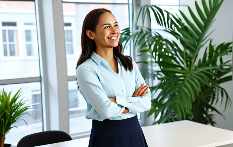 **

A smiling, professional female Wellness Coordinator in a modern, bright office setting, wearing a modest business casual outfit (e.g., blouse and slacks or knee-length skirt), fully clothed, appropriate attire, safe for work. She is attentively listening to a client, making eye contact and nodding in understanding. The background includes plants and soft lighting, creating a calming atmosphere. Perfect anatomy, correct proportions, natural pose, well-formed hands, proper finger count, natural body proportions, professional, family-friendly, appropriate content.

**