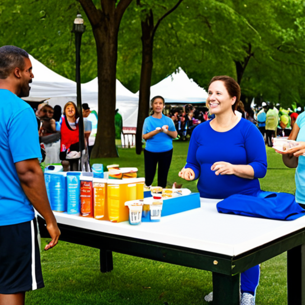 **Subject:** A group of diverse individuals participating in a community health fair in a vibrant park.
**Clothing:** All are fully clothed in activewear or casual, modest clothing appropriate for outdoor activities.
**Environment:** The park is bustling with activity, featuring booths with health information, exercise demonstrations, and families enjoying the day.
**Details:** Banners promoting wellness, healthy food samples being offered, and people engaging in various activities.
**Quality Modifiers:** Professional photography, bright and cheerful lighting, perfect anatomy, correct proportions, natural poses, well-formed hands, safe for work, appropriate content, fully clothed, family-friendly, high resolution.