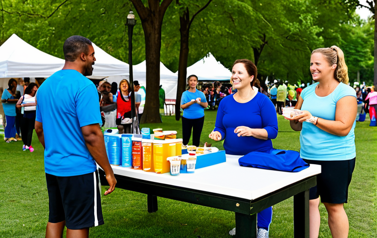 **Subject:** A group of diverse individuals participating in a community health fair in a vibrant park.
    **Clothing:** All are fully clothed in activewear or casual, modest clothing appropriate for outdoor activities.
    **Environment:** The park is bustling with activity, featuring booths with health information, exercise demonstrations, and families enjoying the day.
    **Details:** Banners promoting wellness, healthy food samples being offered, and people engaging in various activities.
    **Quality Modifiers:** Professional photography, bright and cheerful lighting, perfect anatomy, correct proportions, natural poses, well-formed hands, safe for work, appropriate content, fully clothed, family-friendly, high resolution.