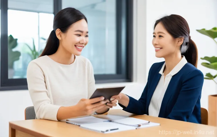 웰빙코디네이터와 건강 목표 성과 평가 - **Prompt:** A young East Asian woman, mid-20s, with a warm, thoughtful expression, sitting comfortab...