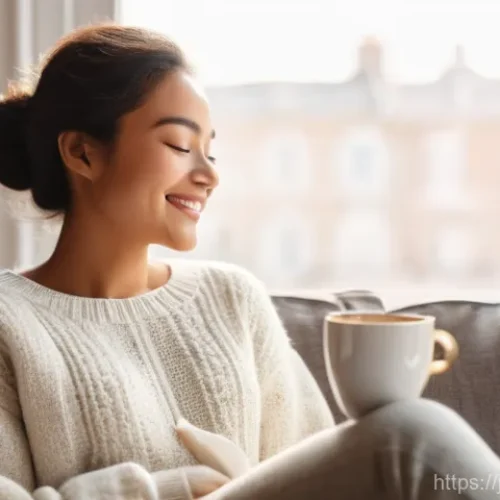 웰빙코디네이터와 고객 피드백 분석 - **Prompt: A serene young woman, in her late 20s to early 30s, is peacefully enjoying a quiet morning...
