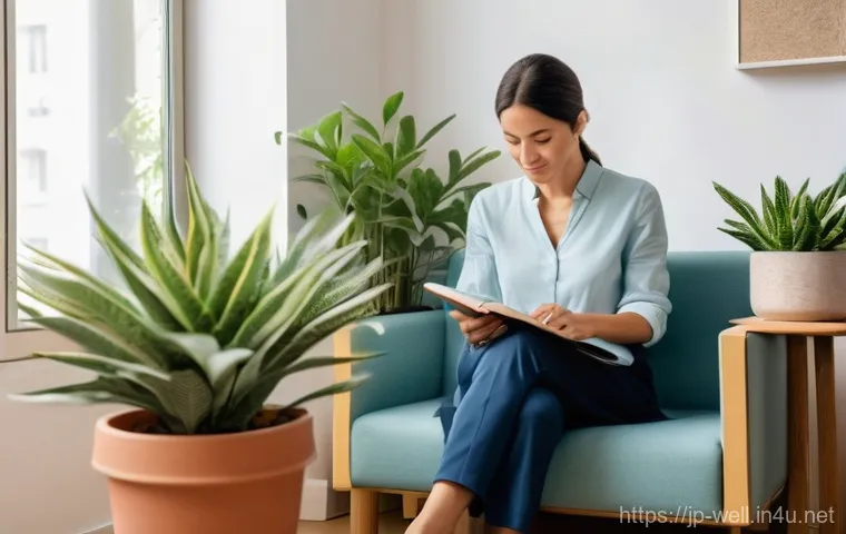 웰빙코디네이터와 고객 피드백 분석 - **Prompt: A serene young woman, in her late 20s to early 30s, is peacefully enjoying a quiet morning...