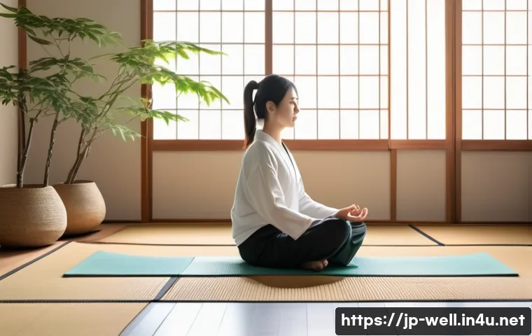 웰빙코디네이터와 건강 목표 달성 기술 - A serene Japanese-style living room with a neatly spread yoga mat on tatami flooring, morning sunlig...