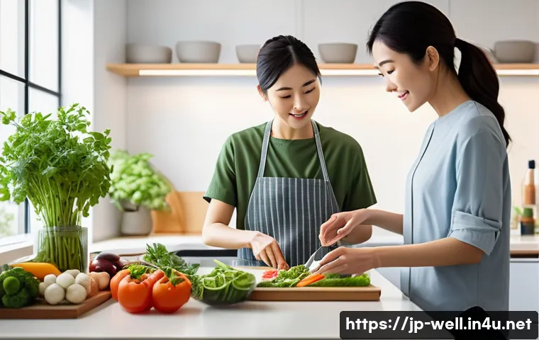 웰빙코디네이터 중점 과목 정리 - A professional wellness coordinator advising a Japanese adult client in a modern kitchen setting, de...