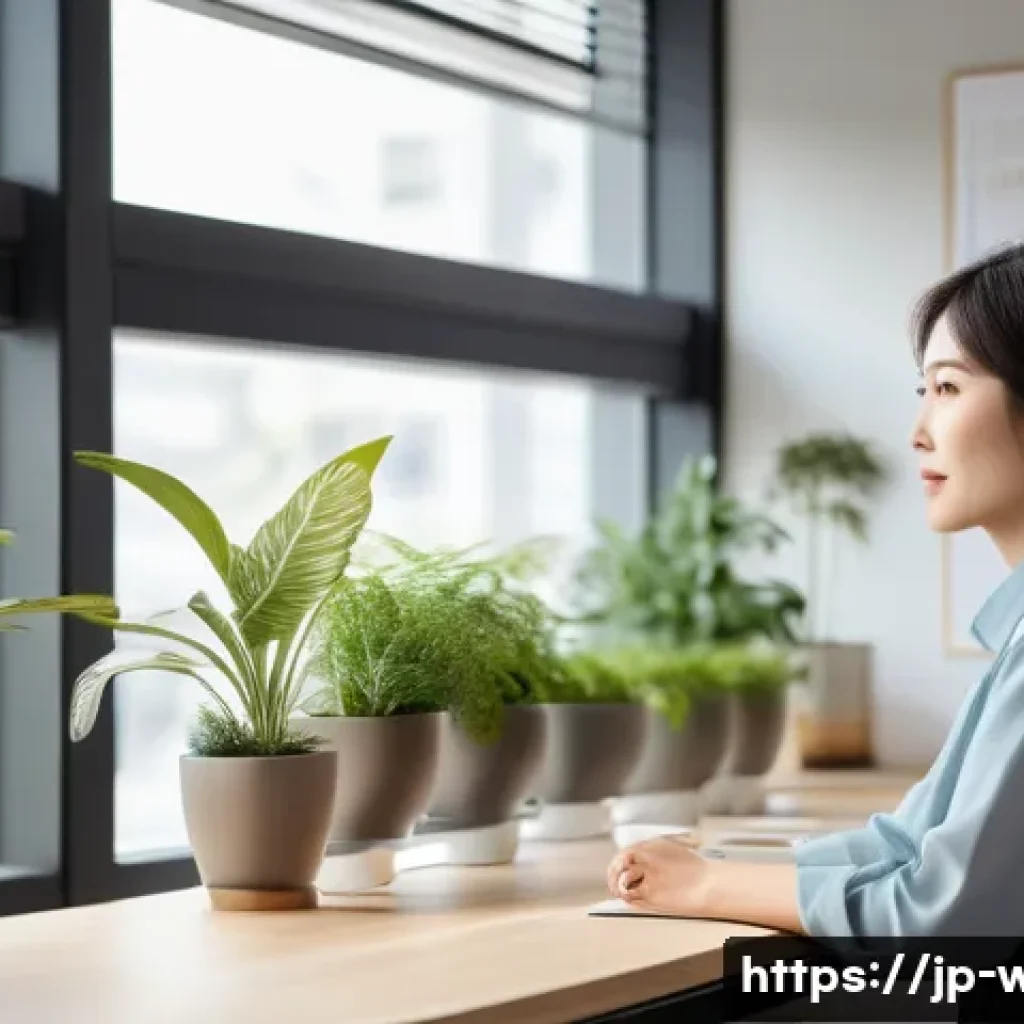 웰빙코디네이터 직무 소개 - A professional wellbeing coordinator in a modern Japanese office environment, attentively listening ...