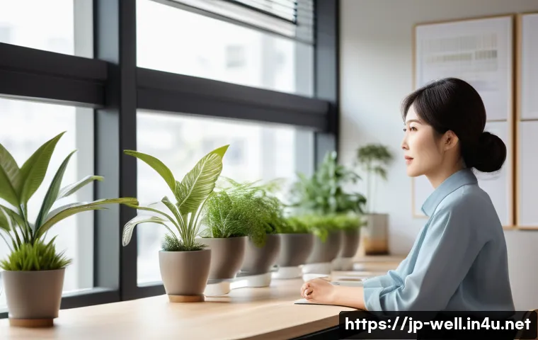 웰빙코디네이터 직무 소개 - A professional wellbeing coordinator in a modern Japanese office environment, attentively listening ...