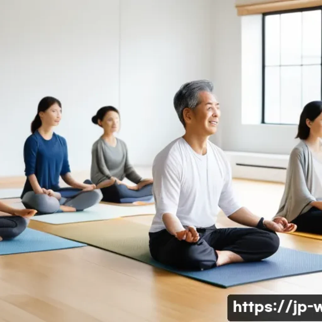 웰빙코디네이터와 웰니스 트렌드 - A serene wellness coach guiding a diverse group of Japanese adults through gentle stretching and min...