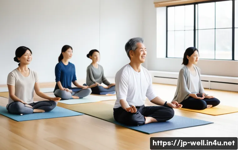 웰빙코디네이터와 웰니스 트렌드 - A serene wellness coach guiding a diverse group of Japanese adults through gentle stretching and min...