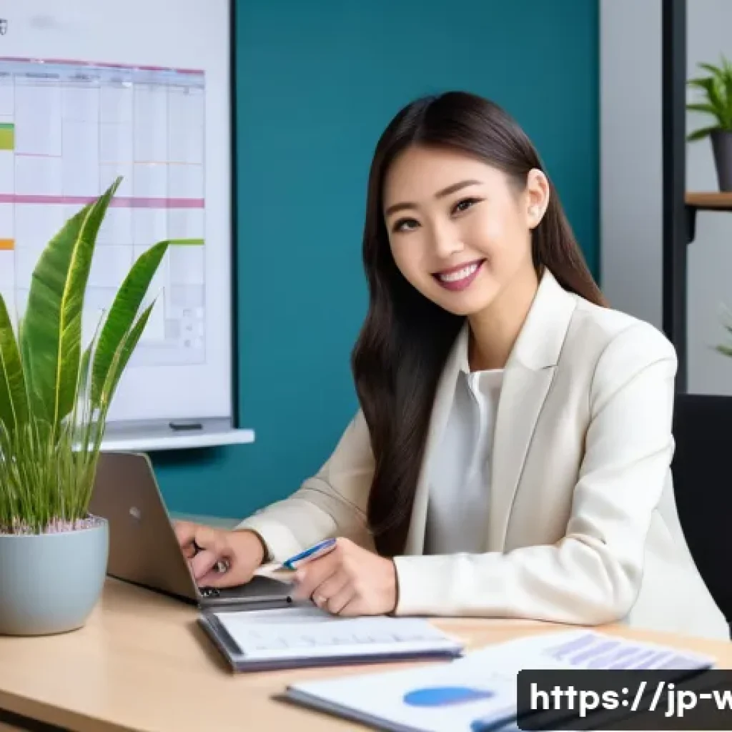 웰빙코디네이터의 연봉 수준 - A modern Japanese office scene featuring a young wellbeing coordinator in smart business casual atti...
