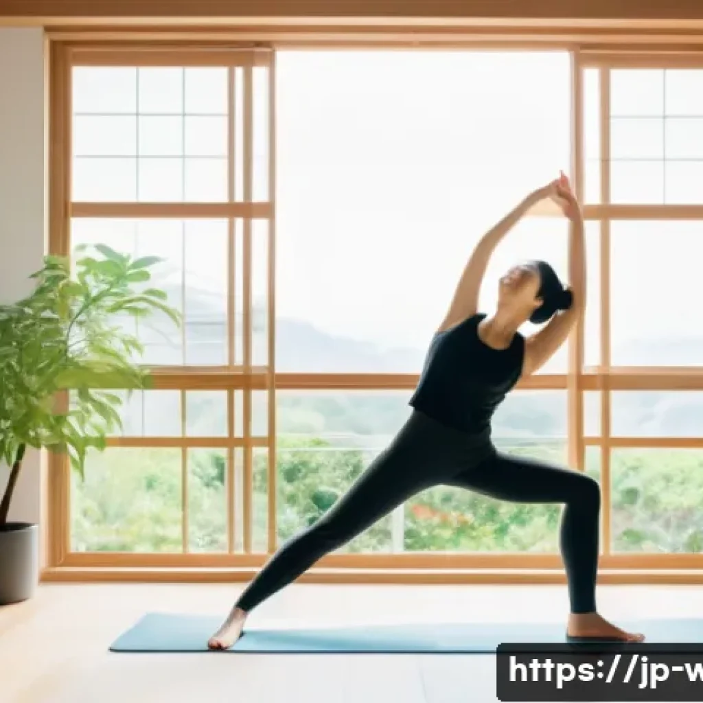 웰빙코디네이터가 제공하는 서비스 - A modern Japanese woman practicing light morning stretching in a bright, minimalist living room with...