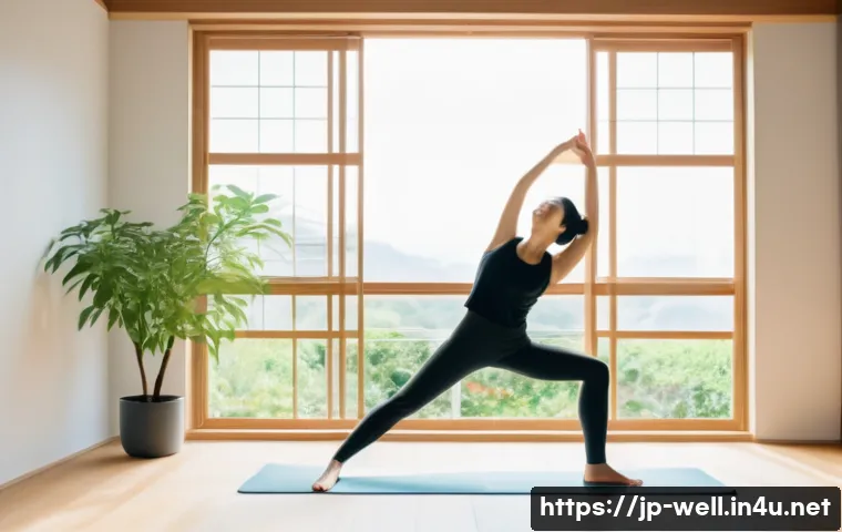 웰빙코디네이터가 제공하는 서비스 - A modern Japanese woman practicing light morning stretching in a bright, minimalist living room with...