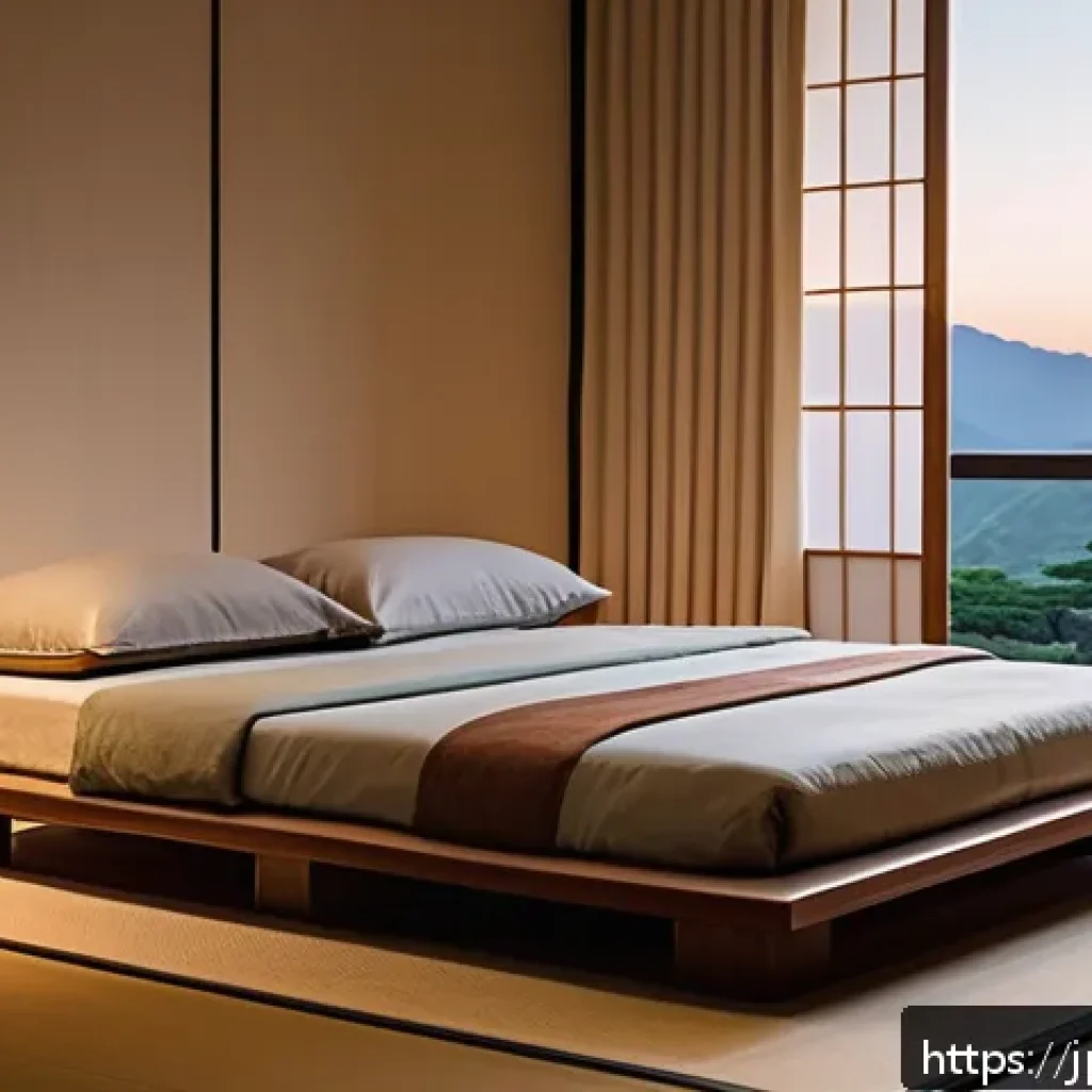 웰빙코디네이터와 지속 가능한 건강 목표 - A serene Japanese-style bedroom at dusk with soft, warm lighting and minimalistic decor, featuring a...