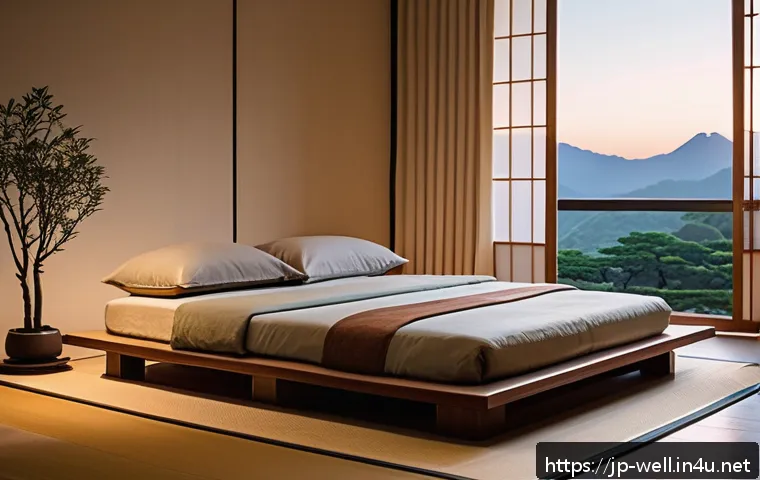 웰빙코디네이터와 지속 가능한 건강 목표 - A serene Japanese-style bedroom at dusk with soft, warm lighting and minimalistic decor, featuring a...
