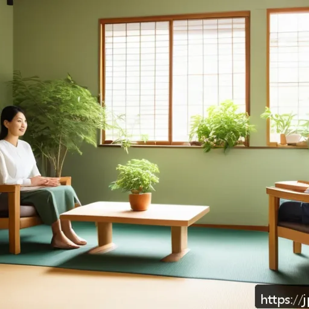 웰빙코디네이터와 성공적인 상담 노하우 - A serene counseling room designed for psychological safety, featuring soft warm lighting, lush green...