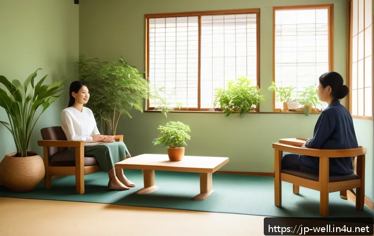 웰빙코디네이터와 성공적인 상담 노하우 - A serene counseling room designed for psychological safety, featuring soft warm lighting, lush green...