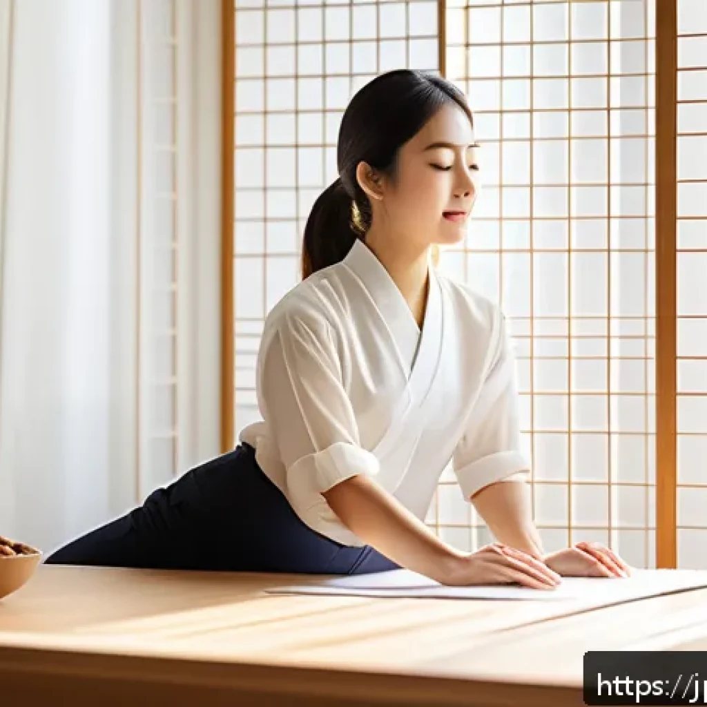웰빙코디네이터 실무 경험 공유 - A serene Japanese-style home office scene in the morning light, featuring a young professional woman...