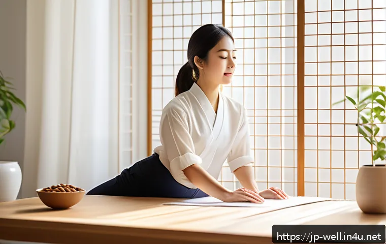 웰빙코디네이터 실무 경험 공유 - A serene Japanese-style home office scene in the morning light, featuring a young professional woman...