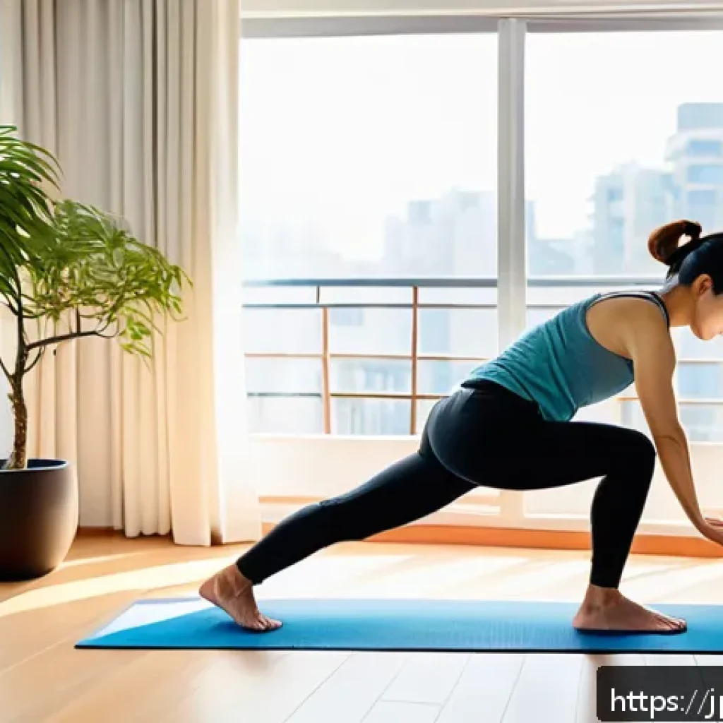 웰빙코디네이터와 건강 목표 점검 방법 - A modern Japanese woman in her 30s doing gentle morning stretches by a large window with soft natura...