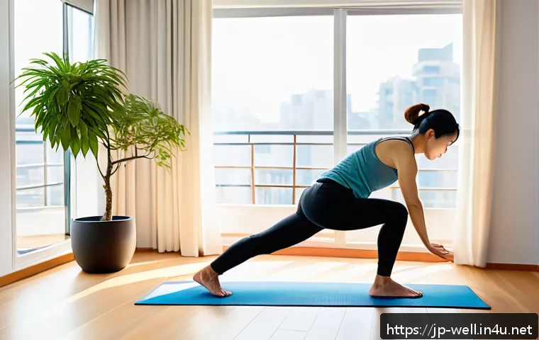 웰빙코디네이터와 건강 목표 점검 방법 - A modern Japanese woman in her 30s doing gentle morning stretches by a large window with soft natura...
