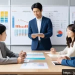 웰빙코디네이터 진로 탐색 방법 - A modern Japanese office scene showing a Well-being Coordinator facilitating a diverse group worksho...