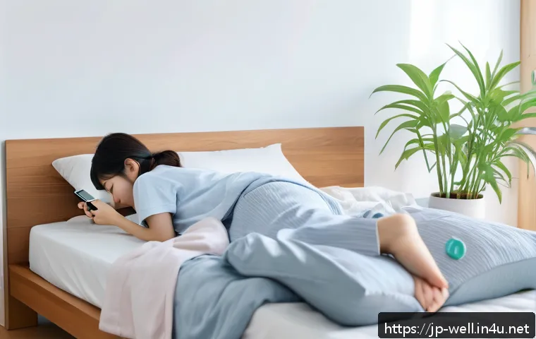 웰빙코디네이터와 건강 데이터 시각화 - A modern Japanese bedroom scene in the early morning light, featuring a young Japanese woman in casu...