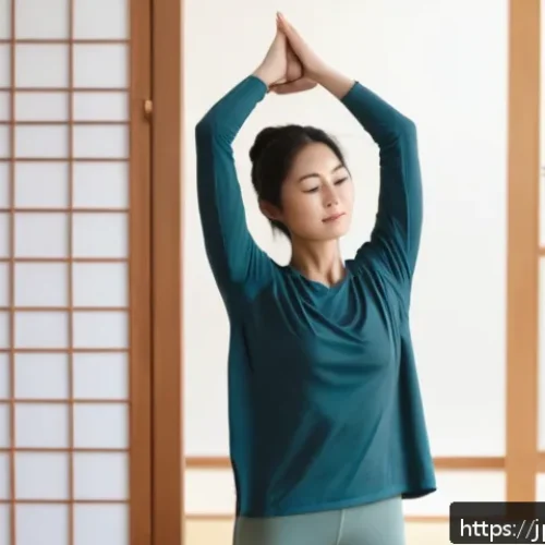 웰빙코디네이터와 신체 해부학 기초 - A serene morning scene showing a Japanese woman in casual fitness wear gently stretching her shoulde...