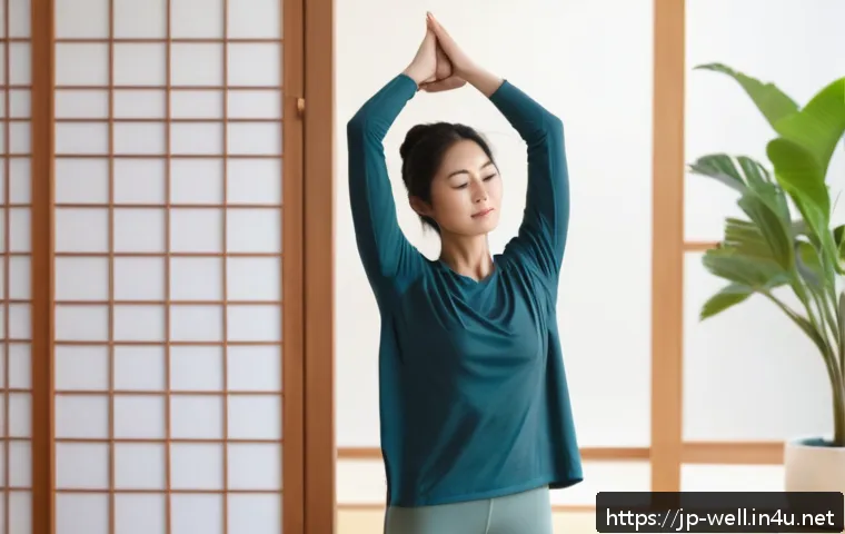 웰빙코디네이터와 신체 해부학 기초 - A serene morning scene showing a Japanese woman in casual fitness wear gently stretching her shoulde...