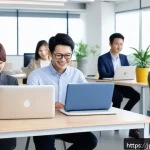 웰빙코디네이터와 새로운 직업군 탐색 - A modern Japanese office scene showing diverse employees engaging in a flexible work environment pro...