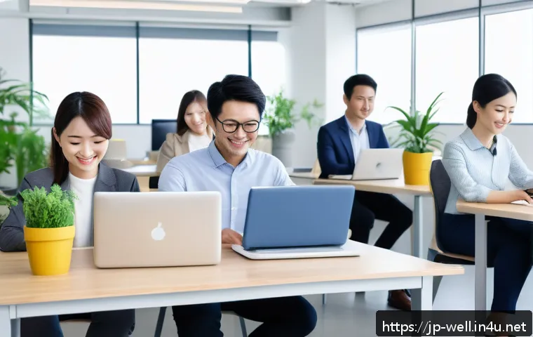 웰빙코디네이터와 새로운 직업군 탐색 - A modern Japanese office scene showing diverse employees engaging in a flexible work environment pro...