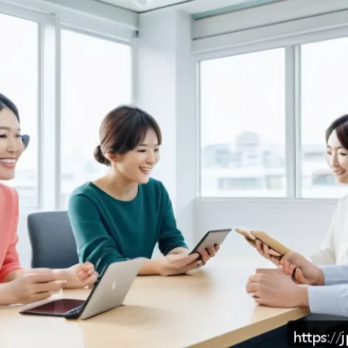 웰빙코디네이터의 미래 직업군 - A modern Japanese office scene showing diverse employees engaged in a wellbeing workshop, with a wel...