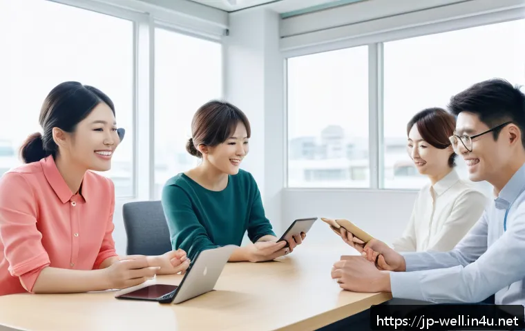 웰빙코디네이터의 미래 직업군 - A modern Japanese office scene showing diverse employees engaged in a wellbeing workshop, with a wel...