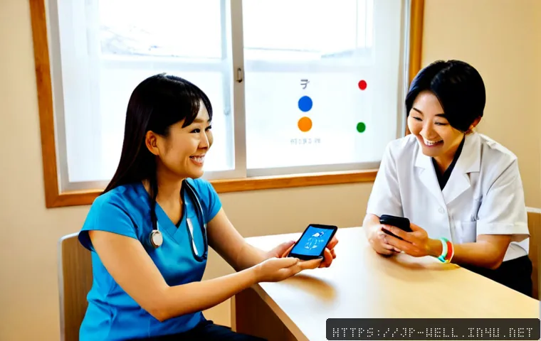 웰빙코디네이터가 활용하는 앱 - Photorealistic wellness coordinator in a bright, calm Japanese community health center, seated besid...