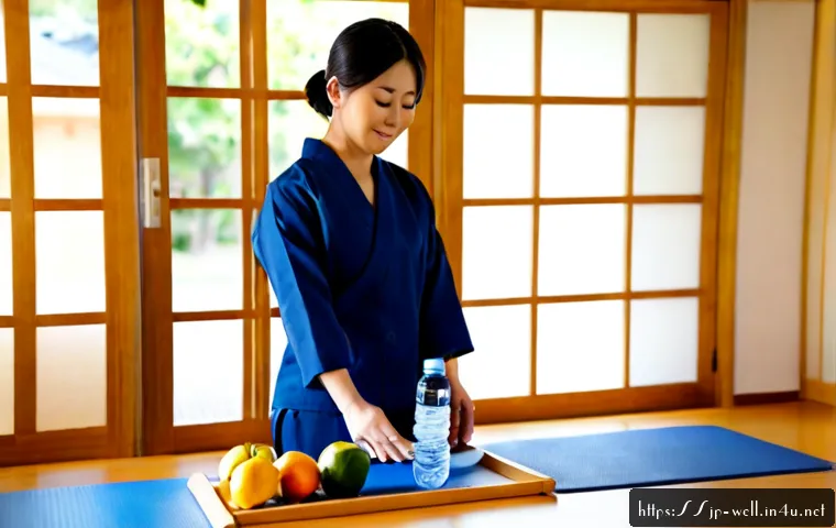 웰빙코디네이터의 하루 - Photorealistic morning scene of a Japanese wellness coordinator in modest professional attire prepar...