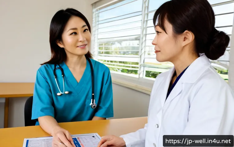 웰빙코디네이터와 정기 건강 진단 - Photorealistic wellness coordinator warmly consulting with a middle-aged Japanese woman in a bright ...